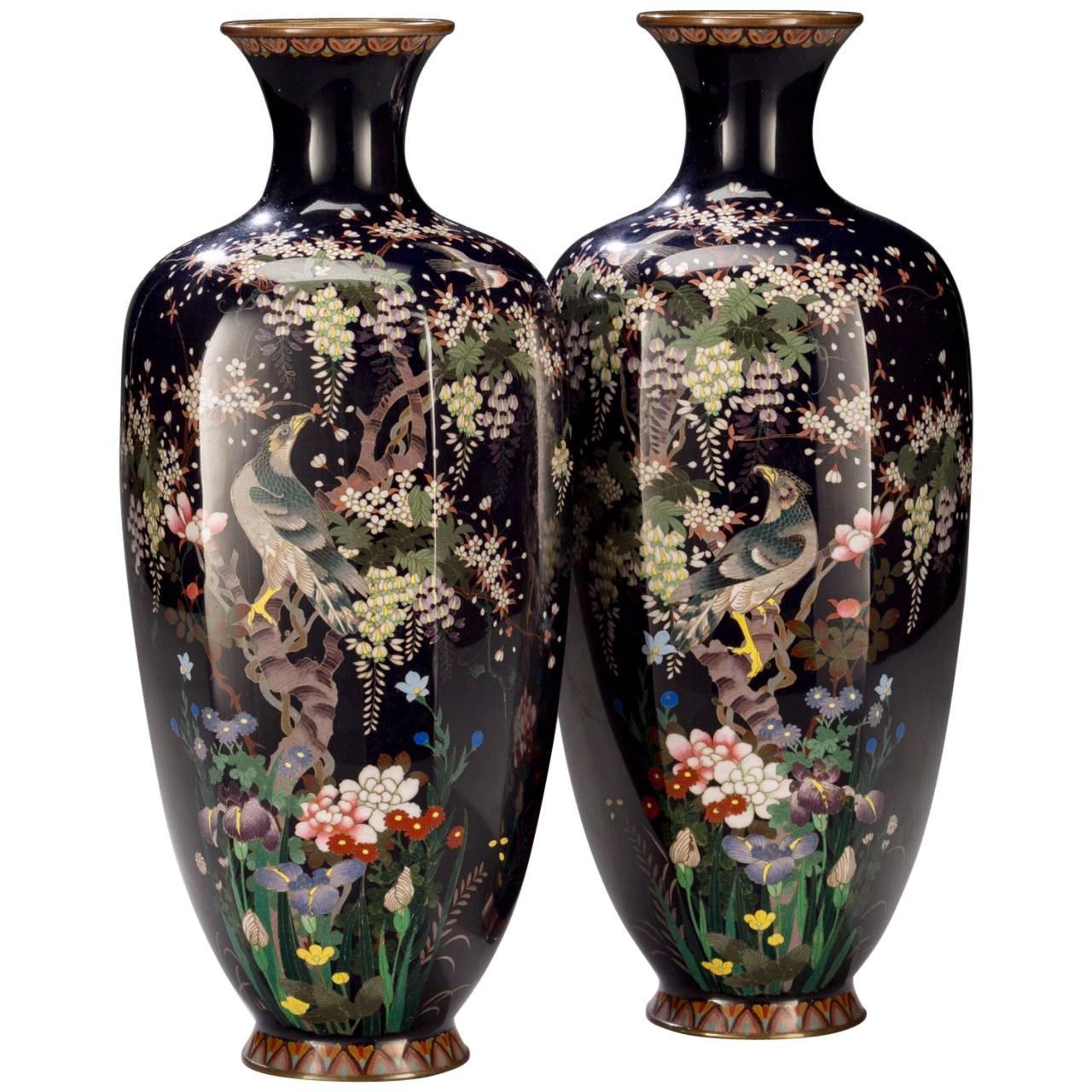 Pair of Meiji Japanese Cloisonne Vases by Hayashi Chuzo, circa 1900 For