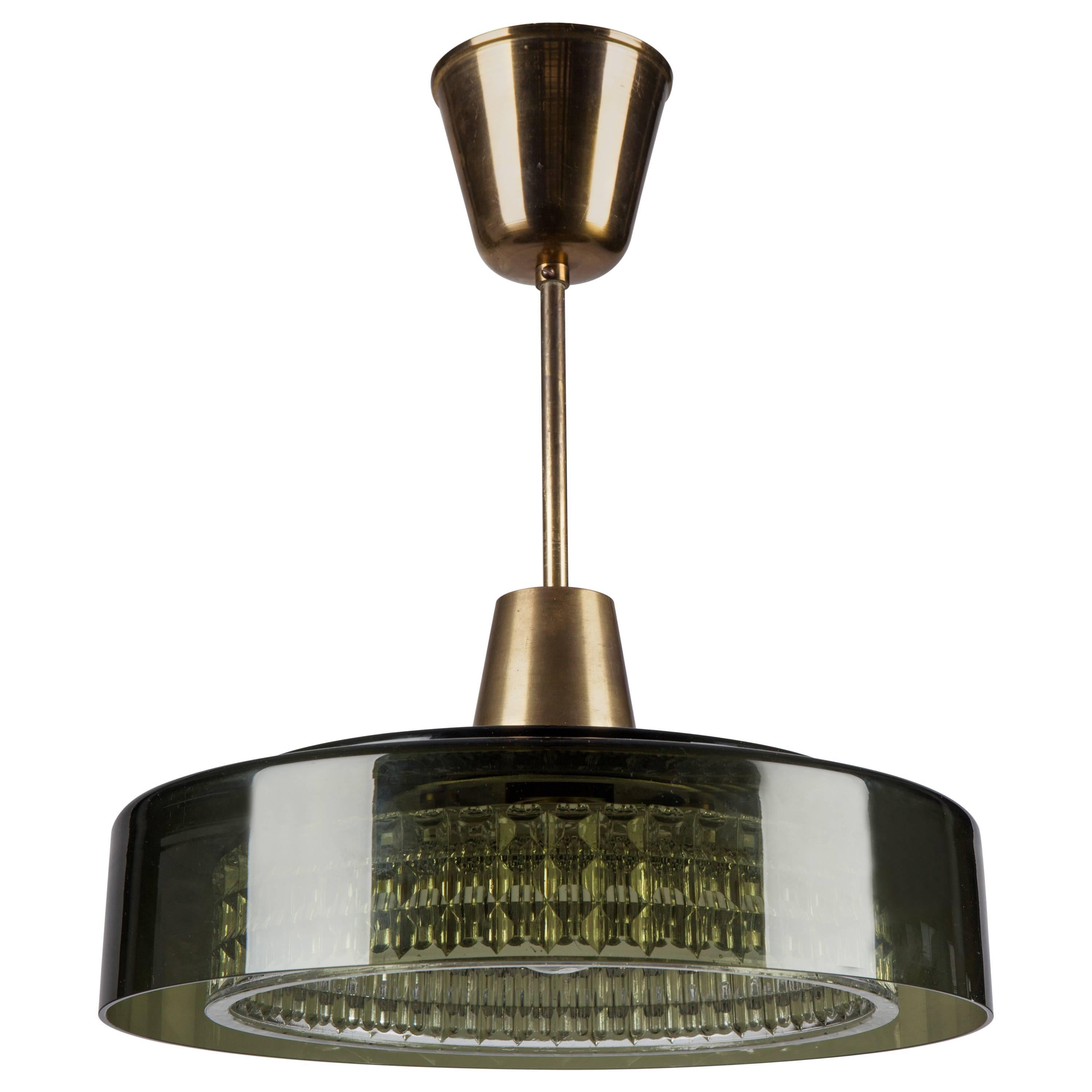 Orrefors Olive Glass and Brass Pendant, Circa 1970