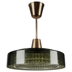 Orrefors Olive Glass and Brass Pendant, Circa 1970