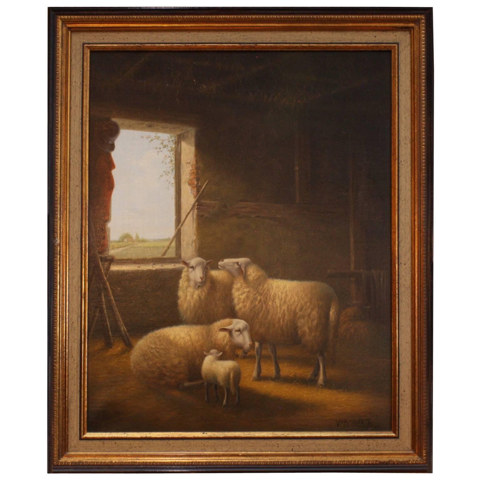 J. Van Baelen huile sur toile, « Sheep in a Barn » (chèvre dans un grange).