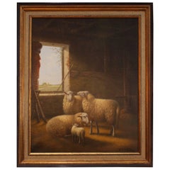 Vintage J. Van Baelen Oil on Canvas, "Sheep in a Barn"