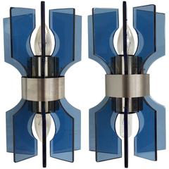 Pair of Italian Blue Glass and Chrome Fontana Arte Style Wall Sconces, 1980s 4