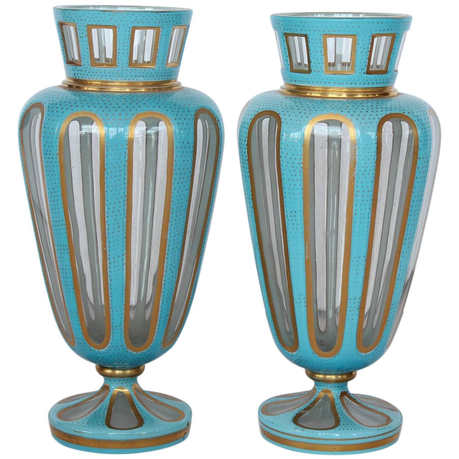 Antique French Blue Opaline Glass Vases For Sale