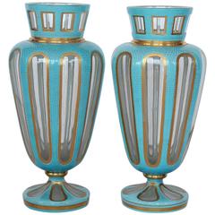 Antique French Blue Opaline Glass Vases
