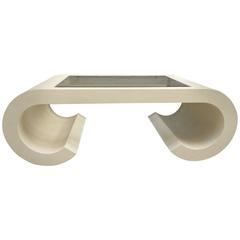 Grass Cloth Covered Scroll Coffee Table in Style of Karl Springer 3