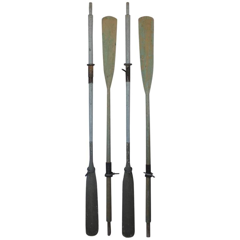 Collection of Vintage HandPainted Wood Oars with Leather Holders at