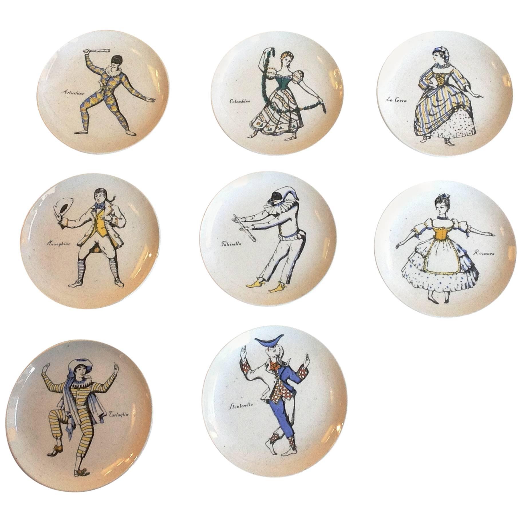 Fornasetti Rare and Complete Set of Eight 'Maschere Italiane' Coasters, 1960s