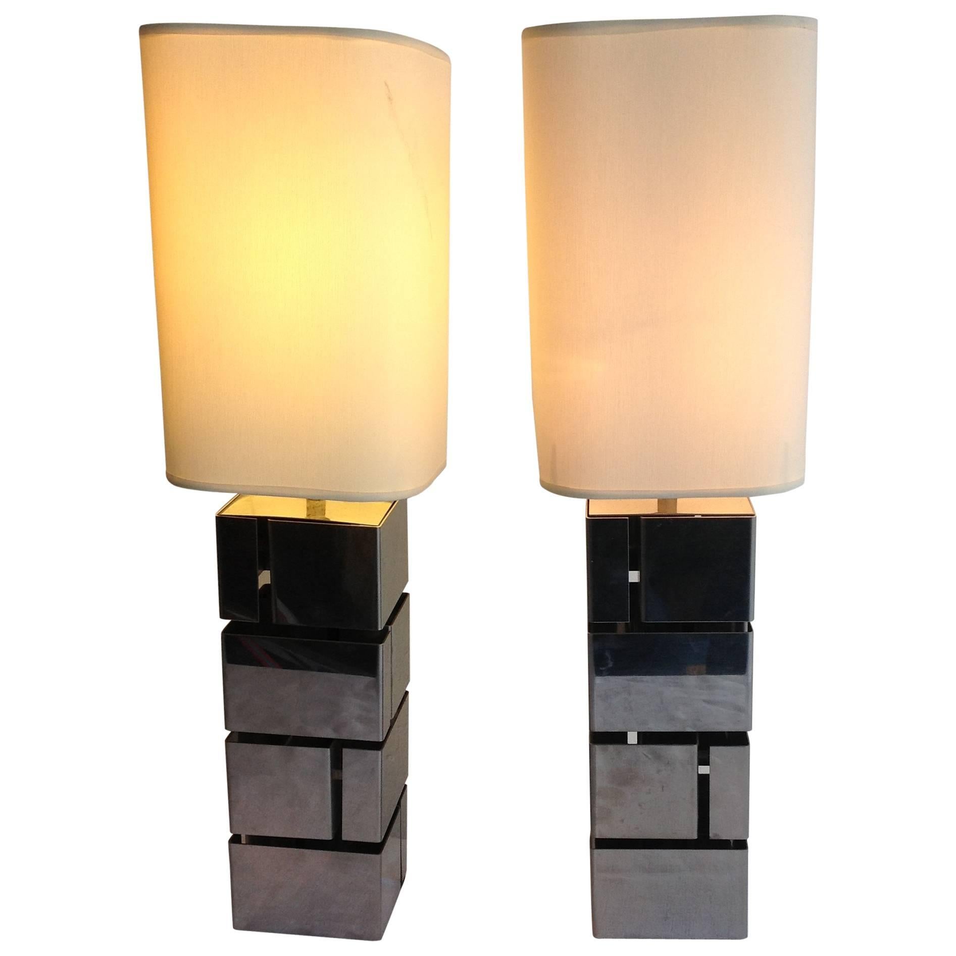 Nice Pair of Early 1970s Modernist Table Lamps, Chromed Metal, Italy