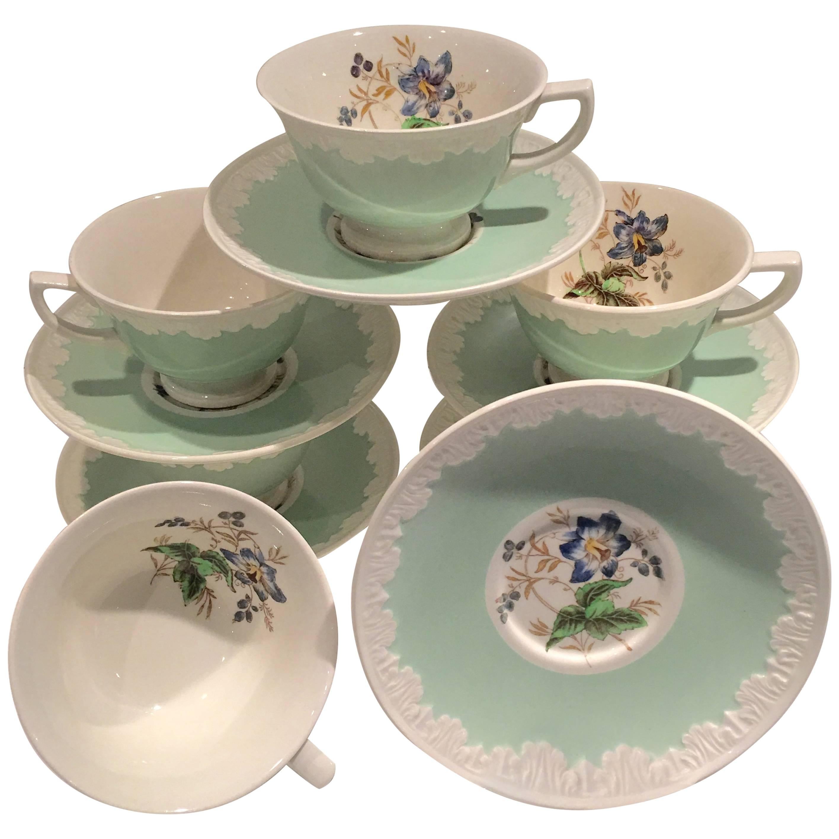 Set of Six Wedgwood England "Hampton Court" Mint Tea Cup and Saucer