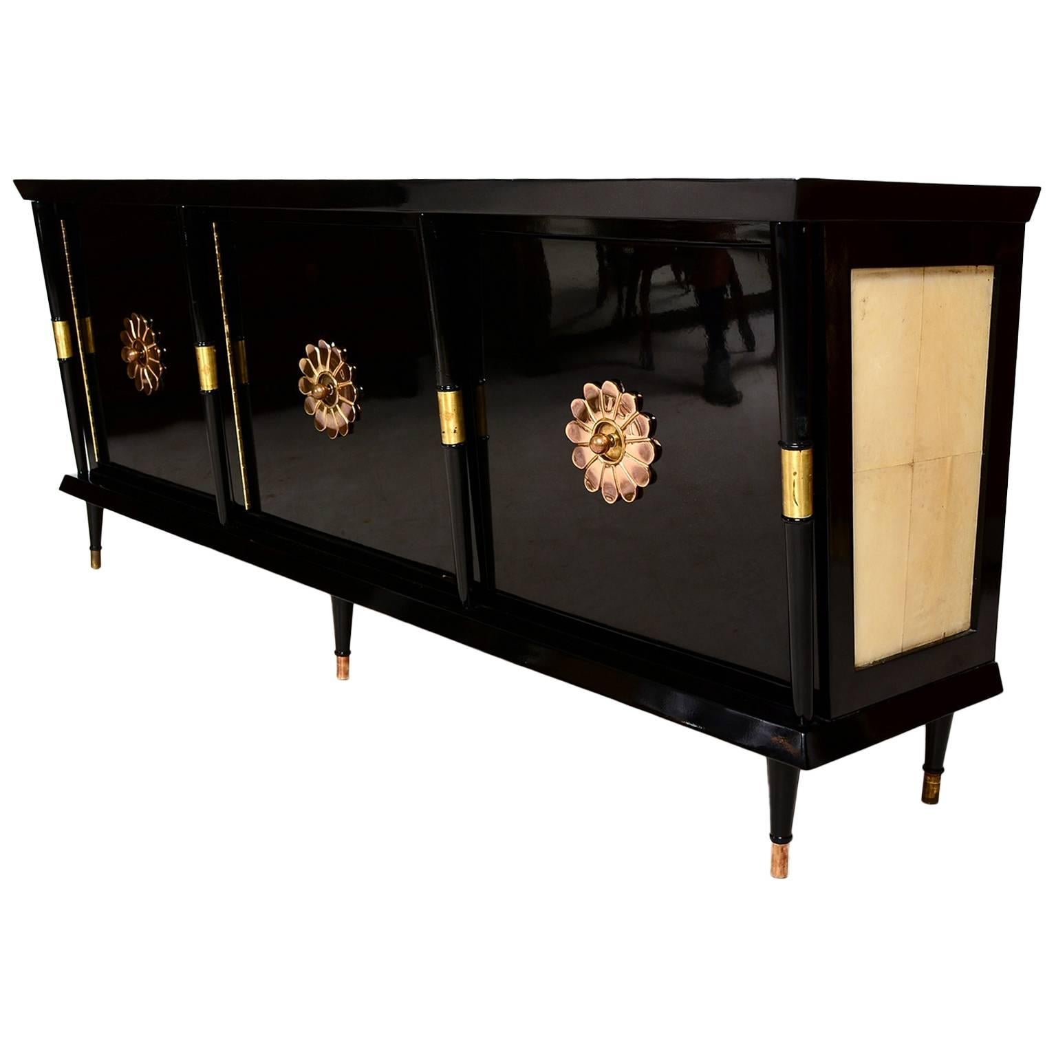 Mexican Modernist Credenza in Black Lacquer with Brass and Goatskin Accents