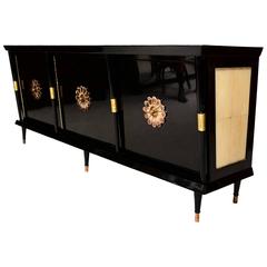 Mexican Modernist Credenza in Black Lacquer with Brass and Goatskin Accents