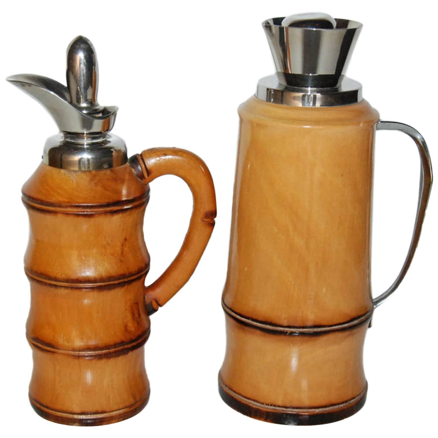 Pair of Aldo Tura Wood and Chrome-Plated Decanters for Macabo, Italy, circa 1950 For Sale