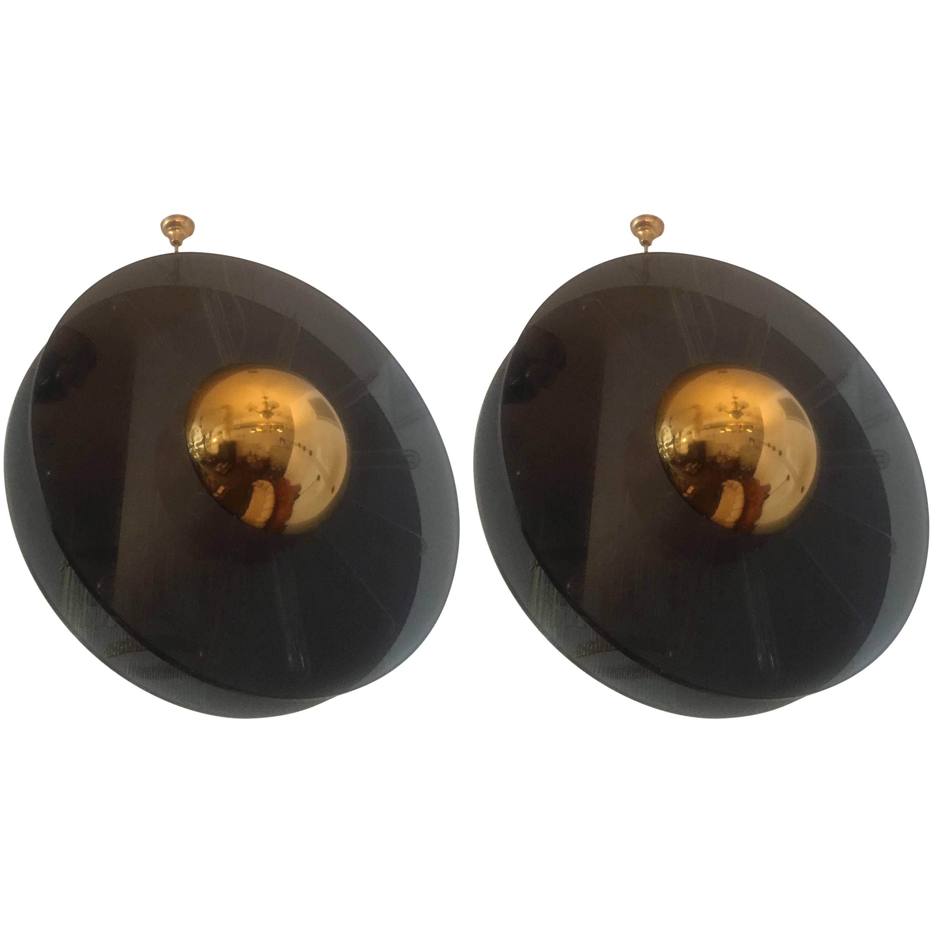 Pair of "Saturno" Moderne Pendant Chandeliers For Sale