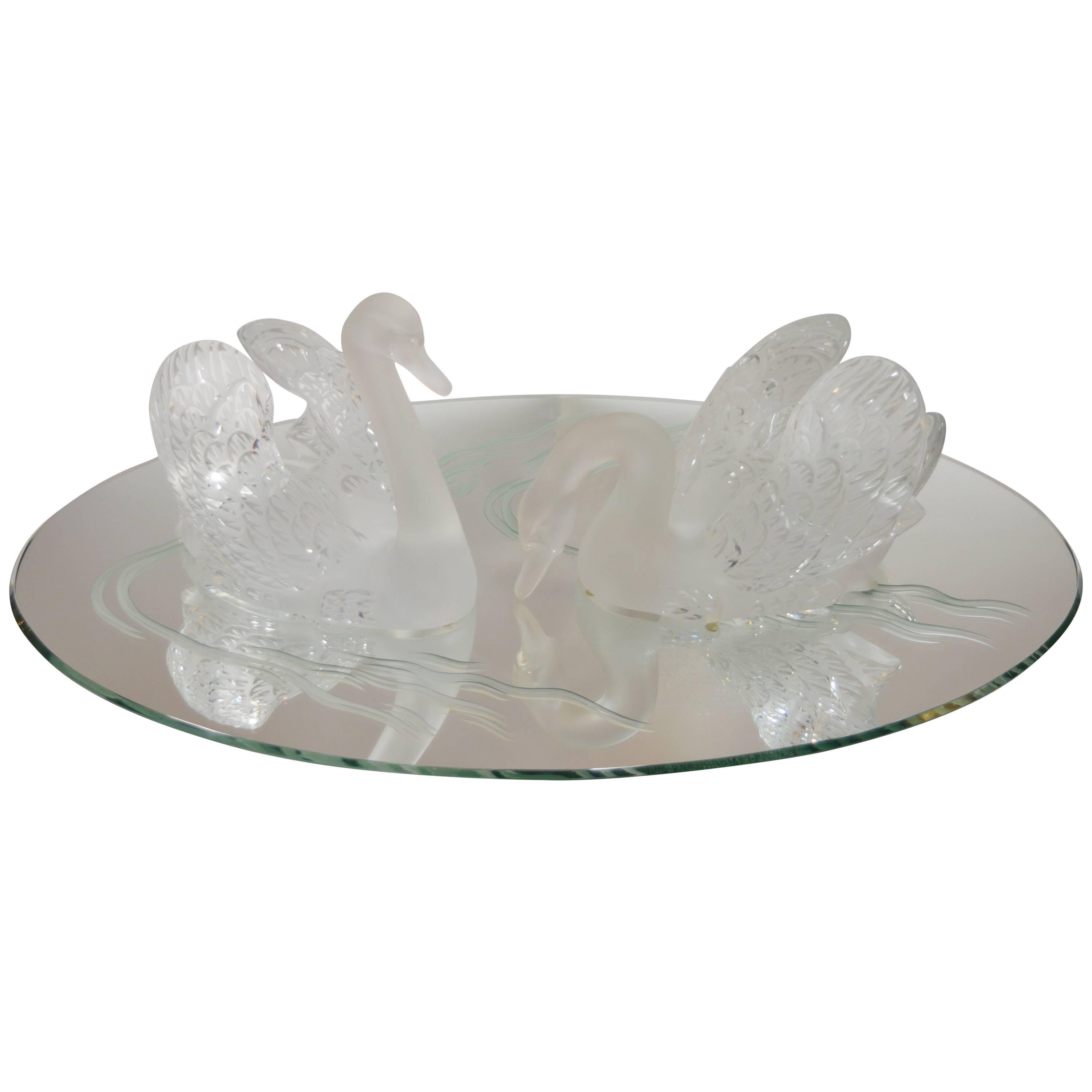 Pair of Lalique Swans on a Mirrored Plateau