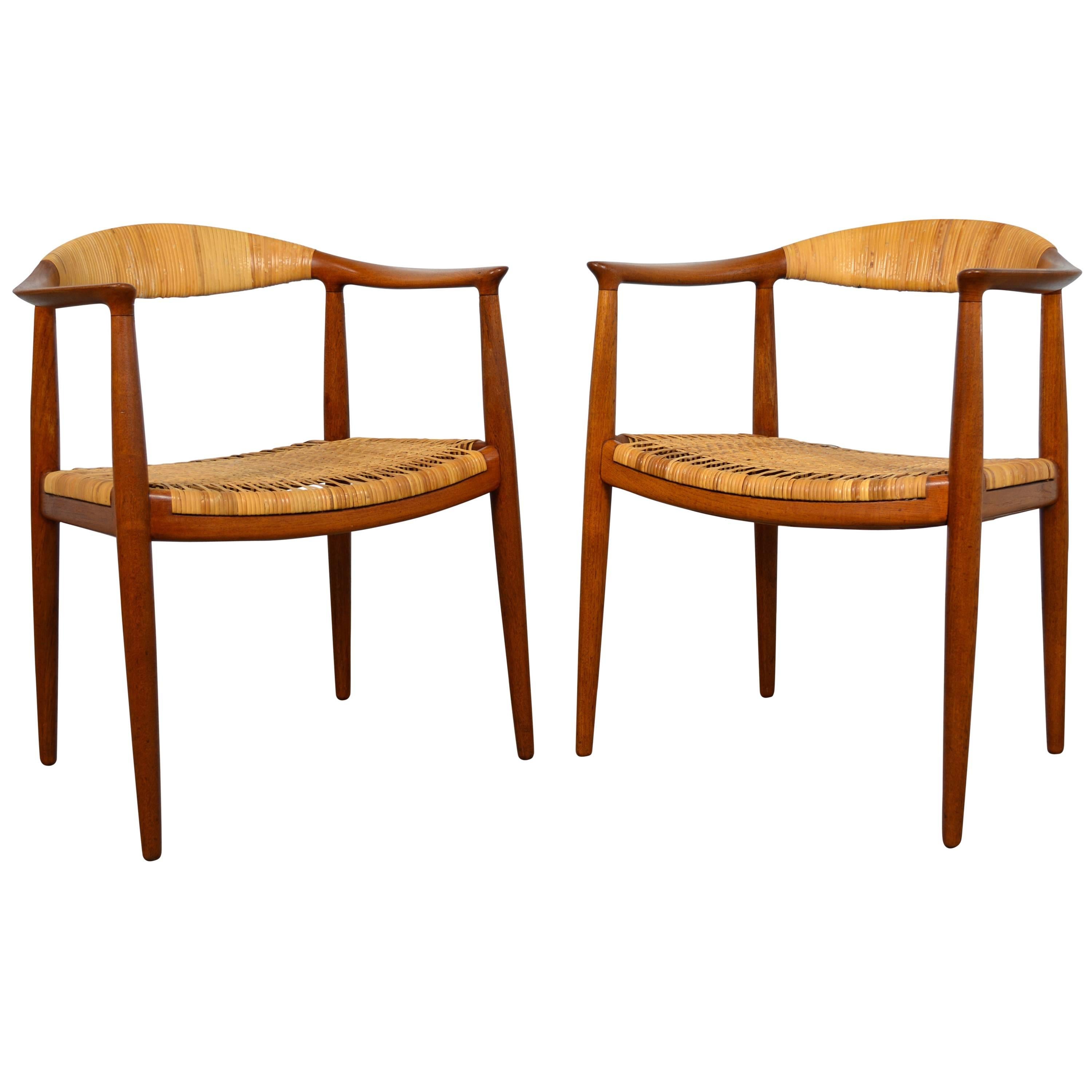 Hans Wegner Pair of "Round" Chairs in Teak and Cane