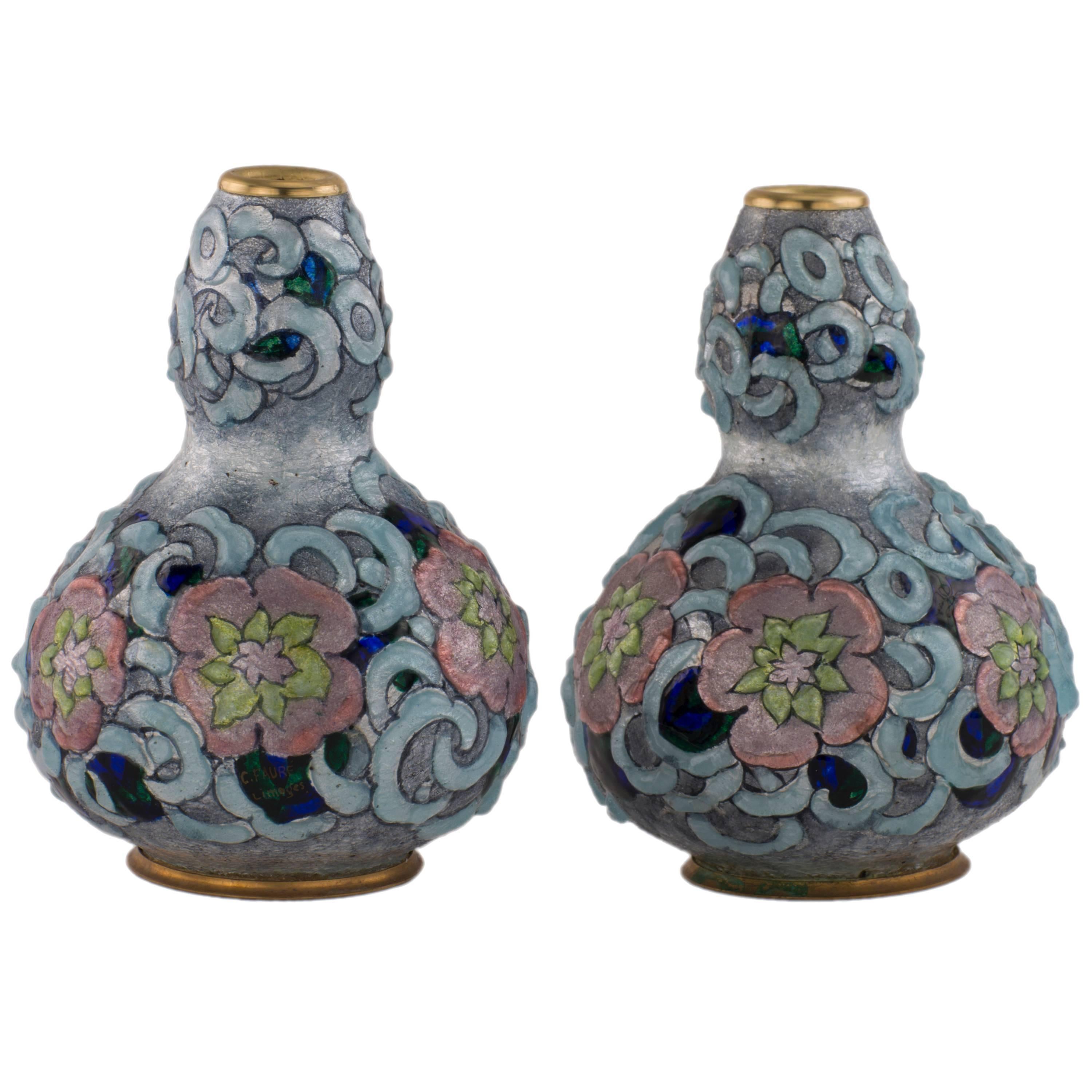 Pair of French Art Deco Enameled Vases by Camille Fauré