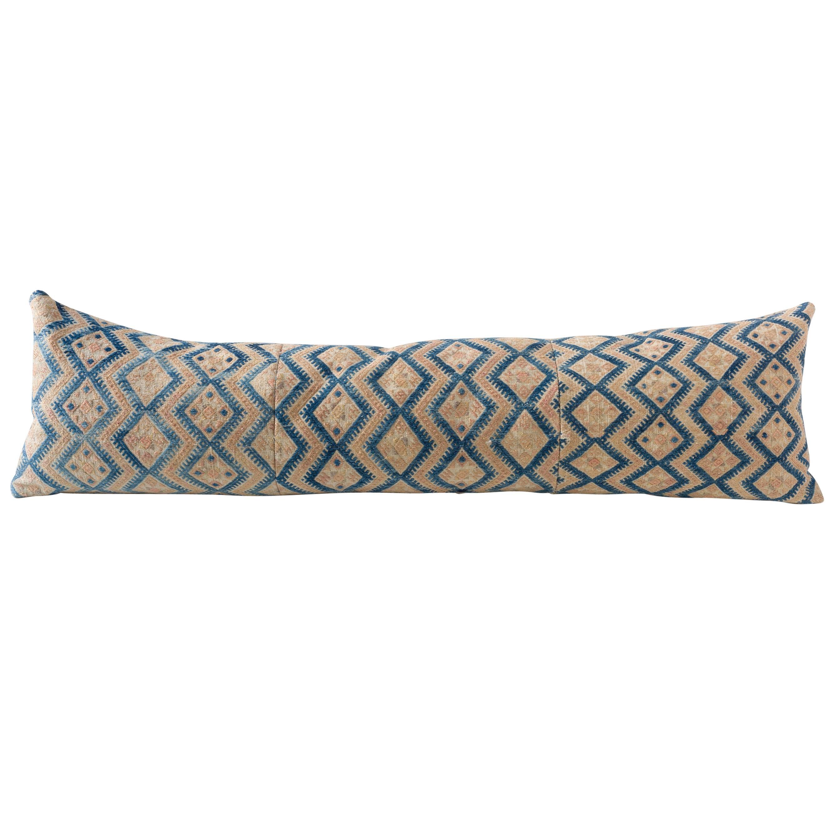 Long Lumbar Cushion, Ethnic Chinese Minority Textile, Indigo and Tan For Sale