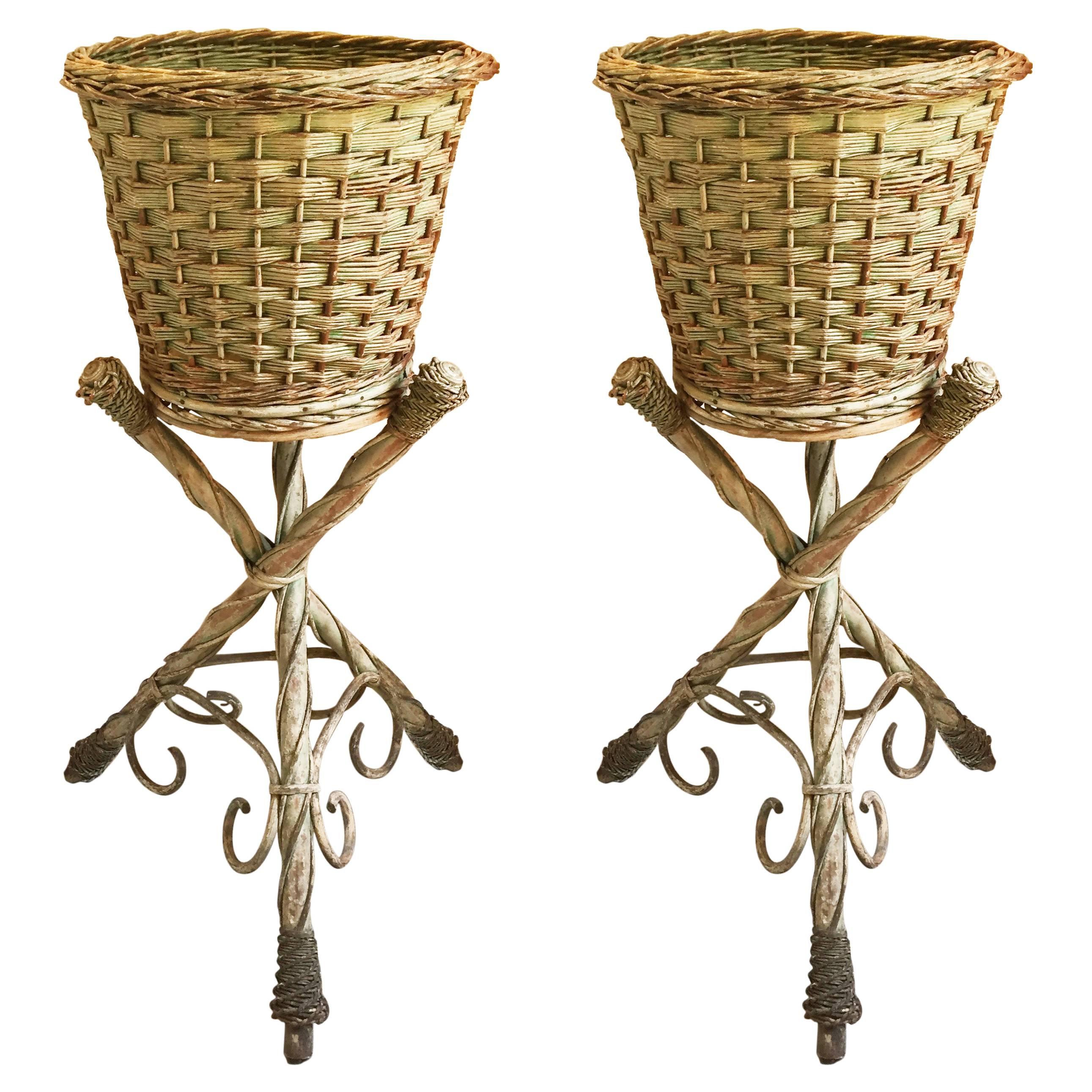 Victorian Wicker Pair of Garden Baskets on Tripodal Bases For Sale