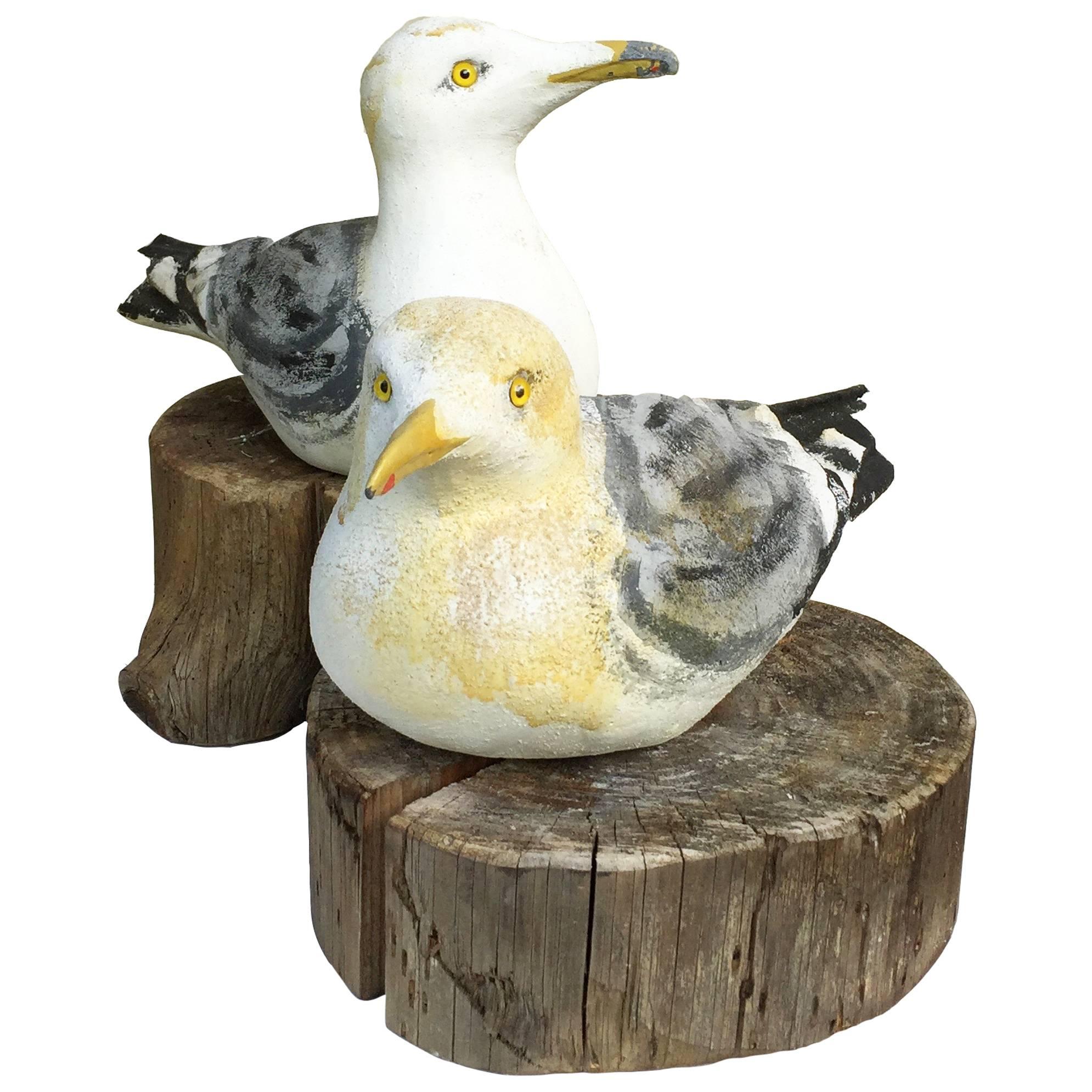 Pair of Artist Signed Painted Cement Seagulls on Wood Slab Stands For Sale
