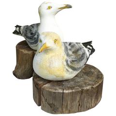 Vintage Pair of Artist Signed Painted Cement Seagulls on Wood Slab Stands
