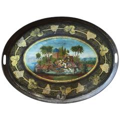 Antique English Tole Polychrome Enamel and Gilt Tray