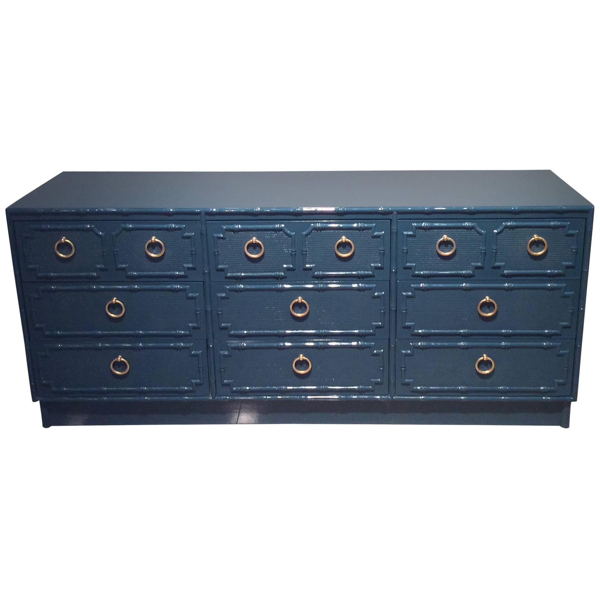 Vintage Faux Bamboo Nine-Drawer Dresser Credenza Buffet Lacquered Blue Brass