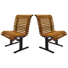 Used Pair of Slatted Oak Benches Made by Falcon, circa 1950, American