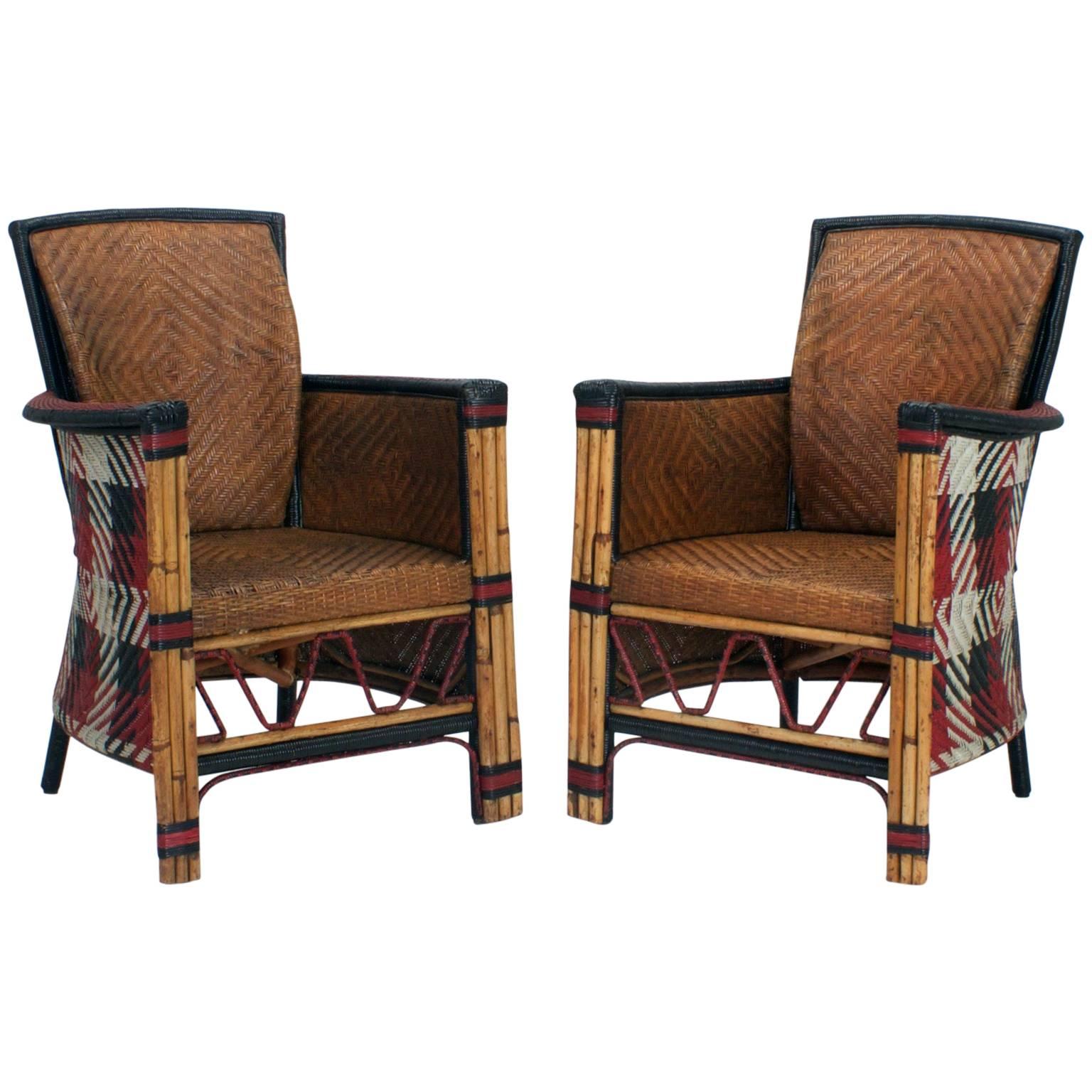 Pair of Rare Woven Cane Armchairs with Painted Backs