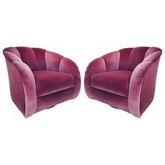 Vintage Pair of Channel Back Swivel Chairs in Orchid Velvet