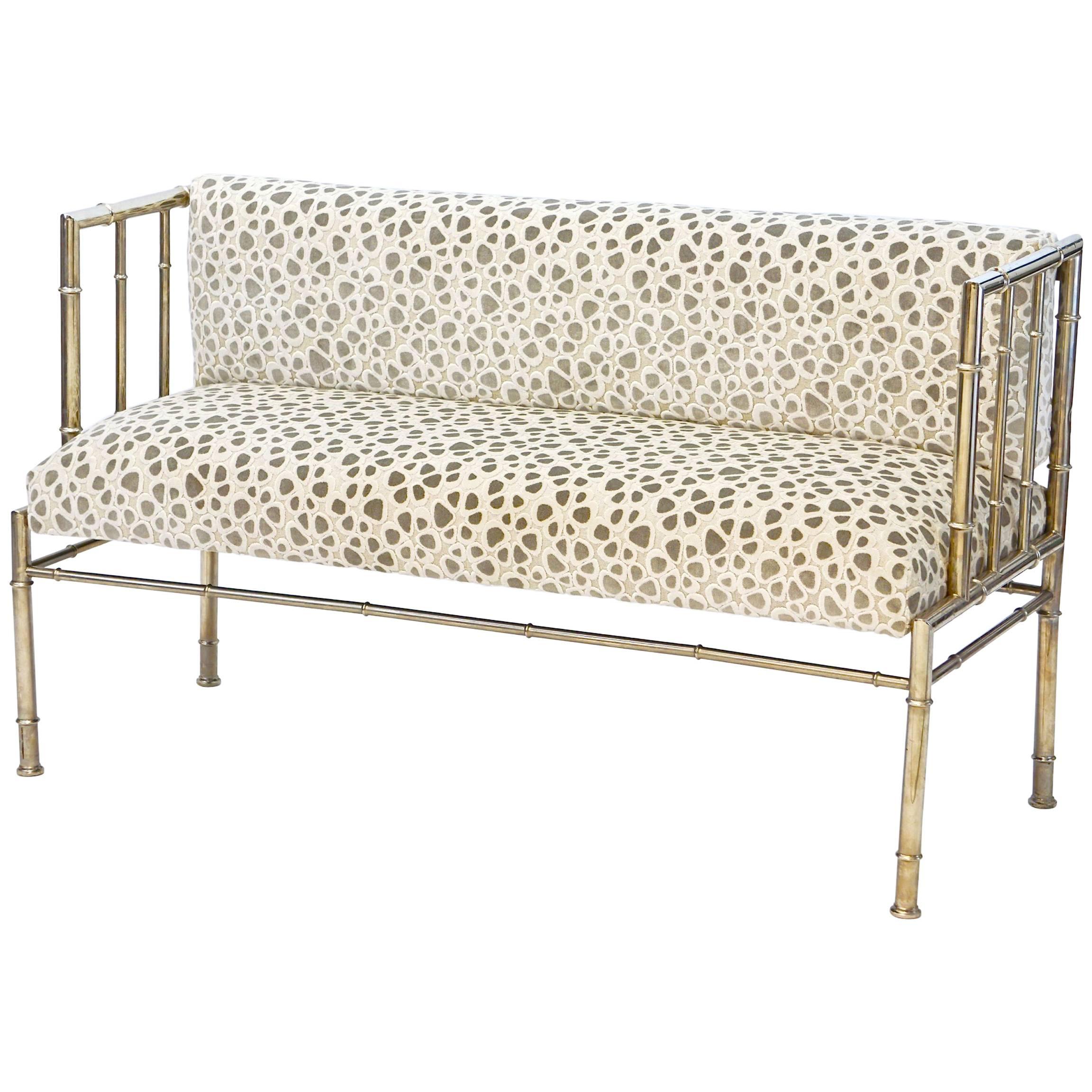 Vintage Chrome Settee with Faux Bamboo Detailing, Newly Upholstered, Romo Fabric