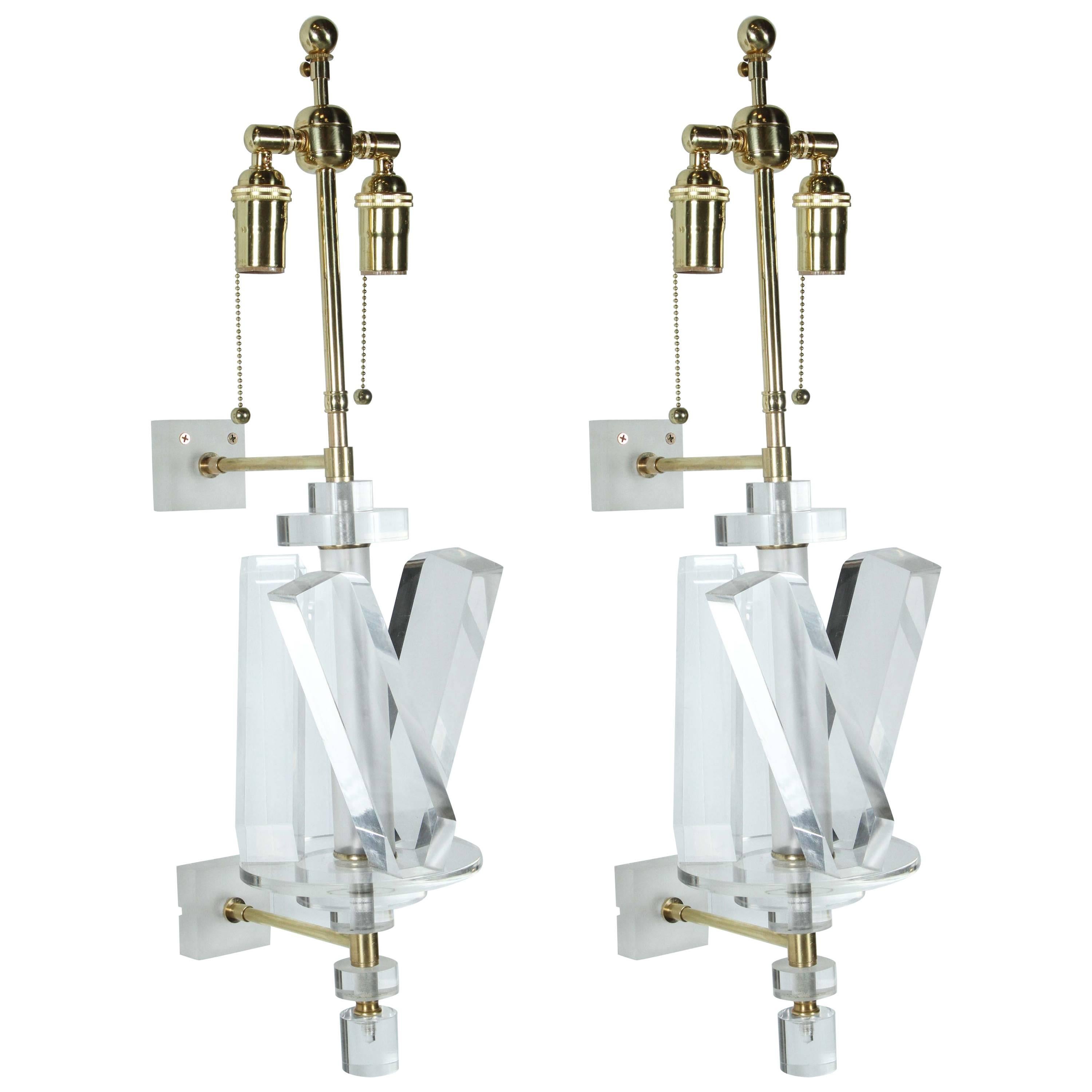 Pair of Stunning Lucite and Brass Sconces