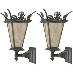 Antique Pair of Bronze and Slag Glass Outdoor Sconces