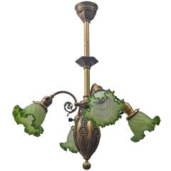 Late Victorian Four-Arm Chandelier with Green Ruffled Shades