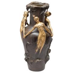 Art Nouveau Gilt and Patinated Bronze Vase, French, Artist Signed Chalon 2