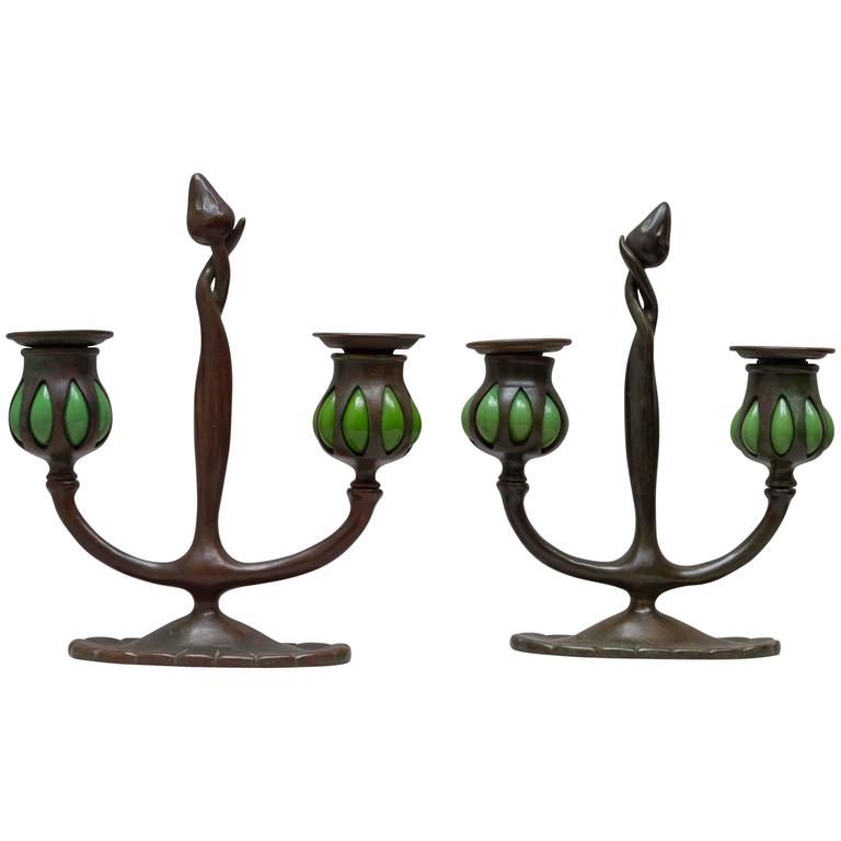 Pair of Signed Tiffany Studios Double Arm Candlesticks at 1stDibs