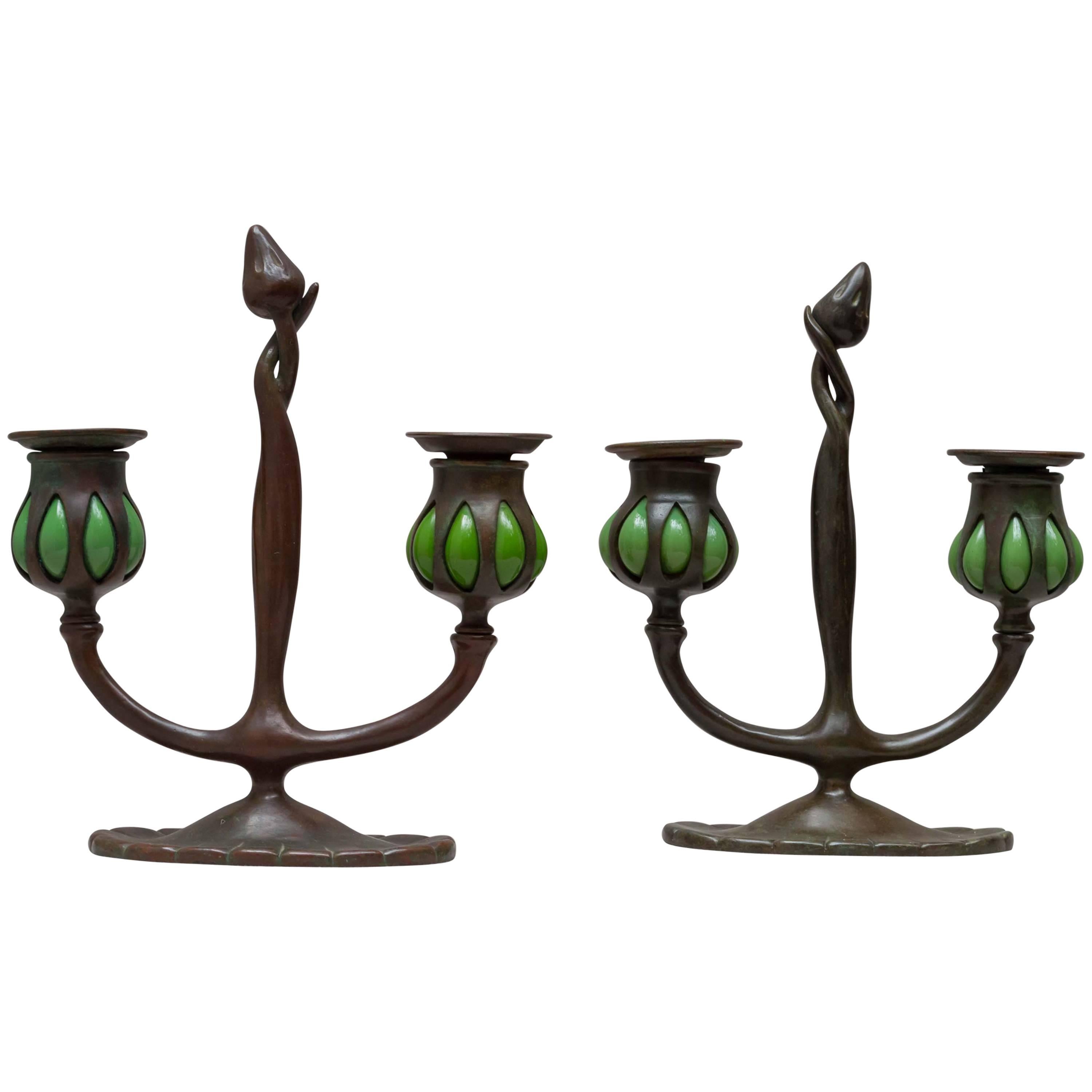 Pair of Signed Tiffany Studios Double Arm Candlesticks