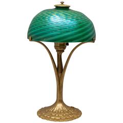 Signed Tiffany Studios Gilt Bronze Base with Damascene Swirl Glass Shade