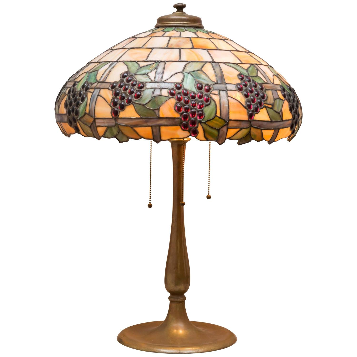 Leaded Glass Table Lamp, circa 1910, Grape Theme at 1stdibs
