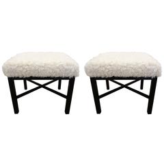 Vintage Pair of Edward Wormley Stools for Dunbar in Curly Lamb