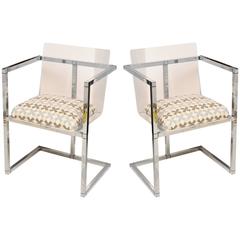 Pair of Lucite and Polished Chrome Architectural Side Chairs