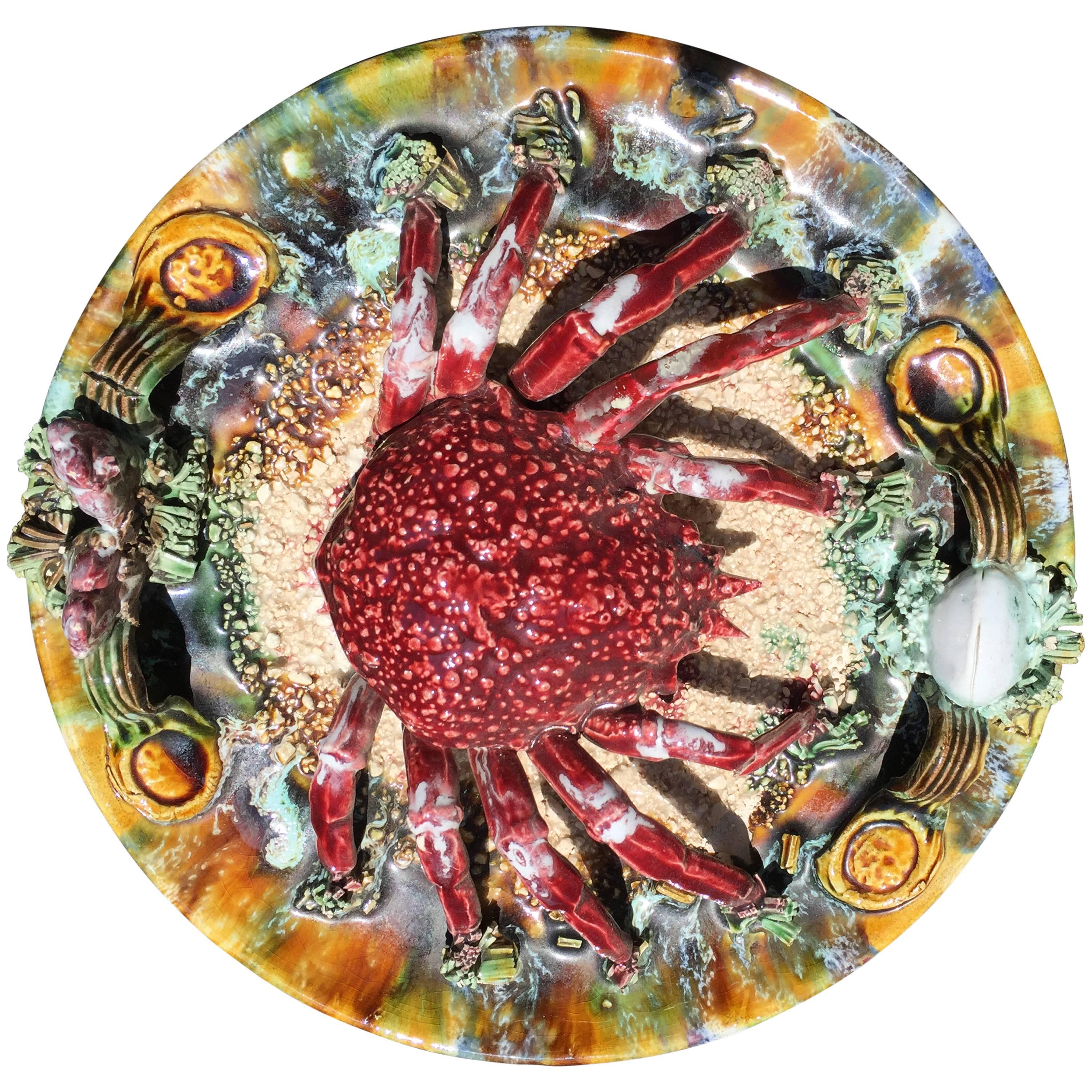 Crab Colorful Raised Relief Nautical Ceramic Plate, Palissy, circa 1920-1940