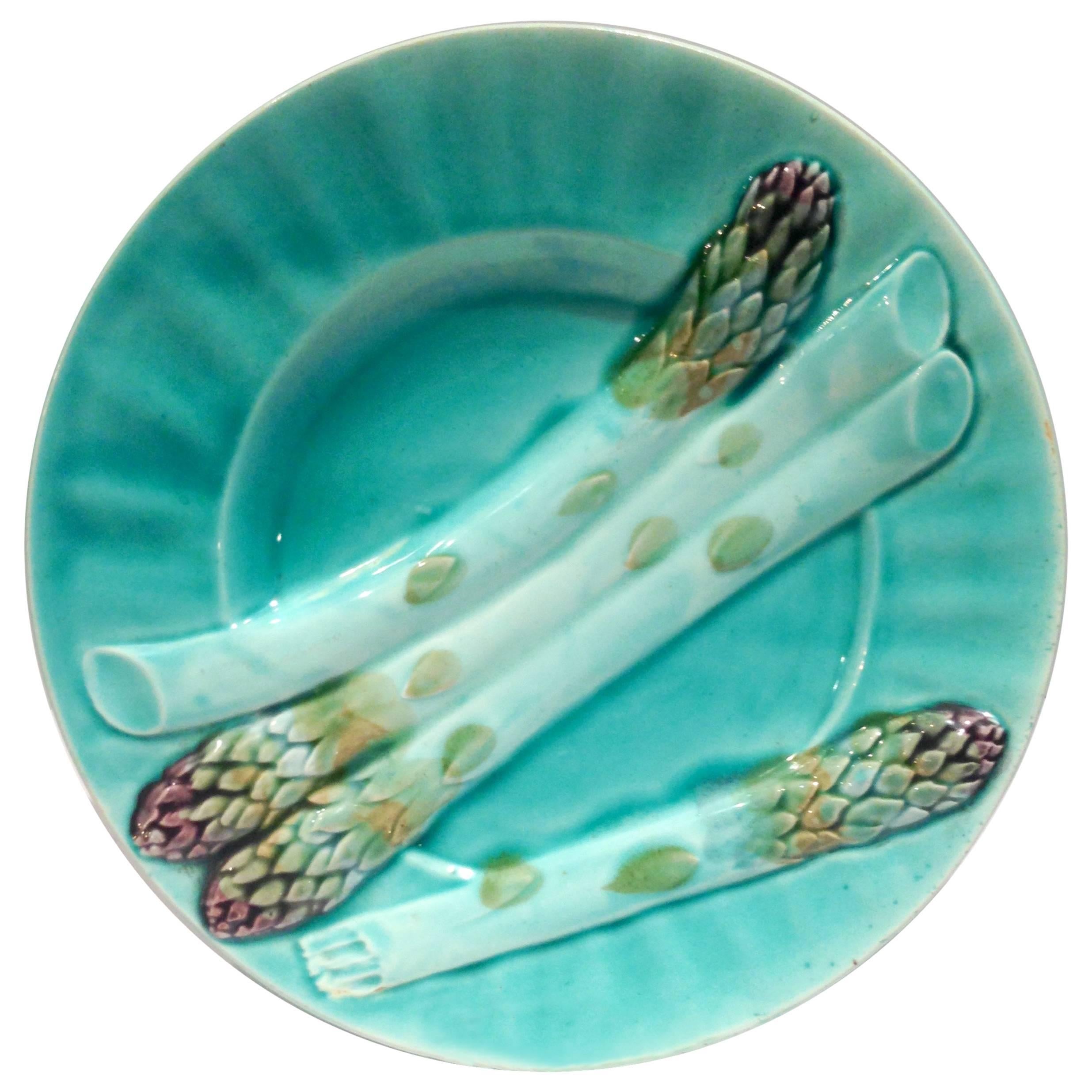 Antique French Majolica Turquoise Asparagus Plate-Signed For Sale