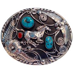 1980s Silver Navajo Mustang Coral and Turquoise Belt Buckle