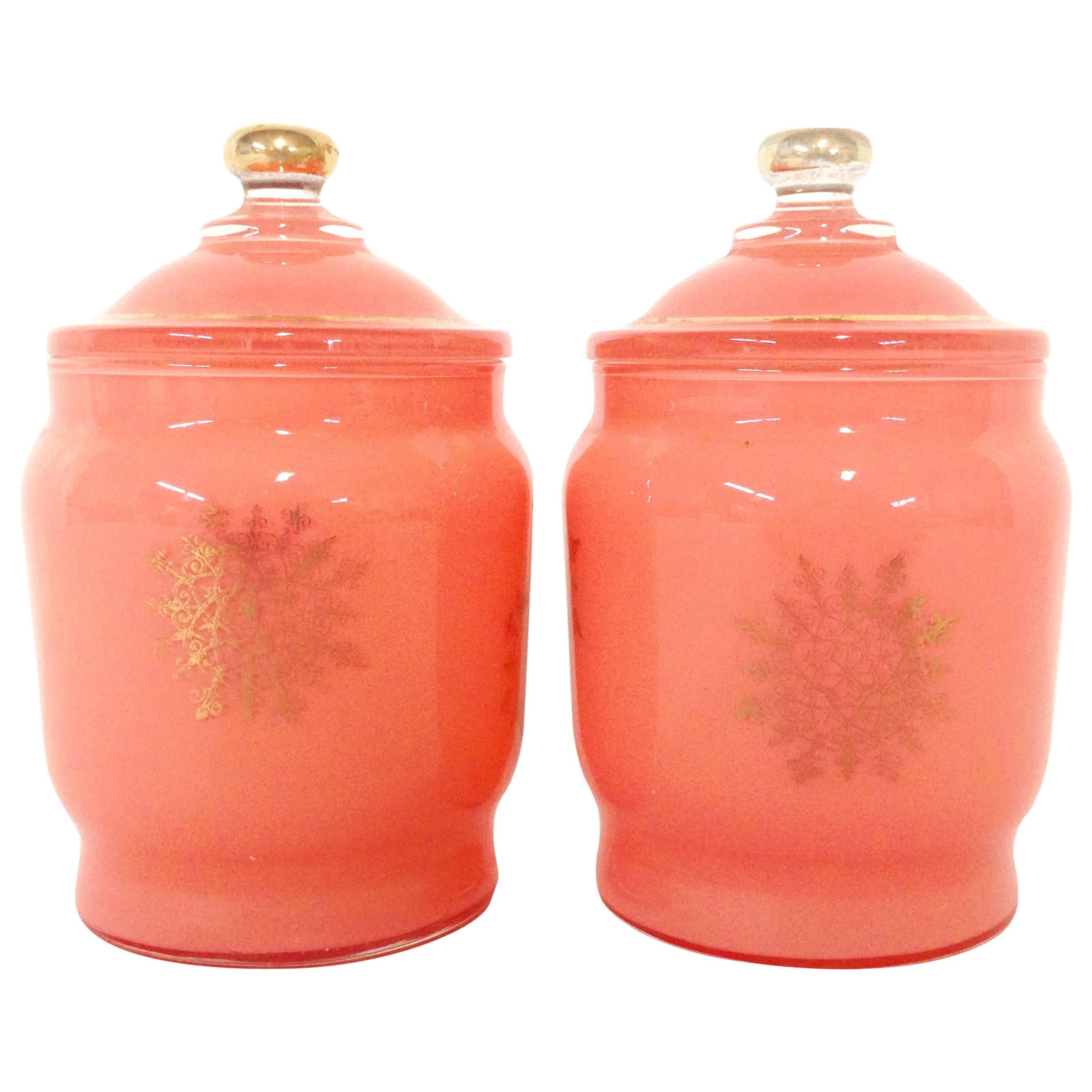 Vintage Peach-Pink Lidded Opaline Vanity Jars