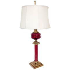 Antique Cranberry Glass & Brass Oil Style Lamp