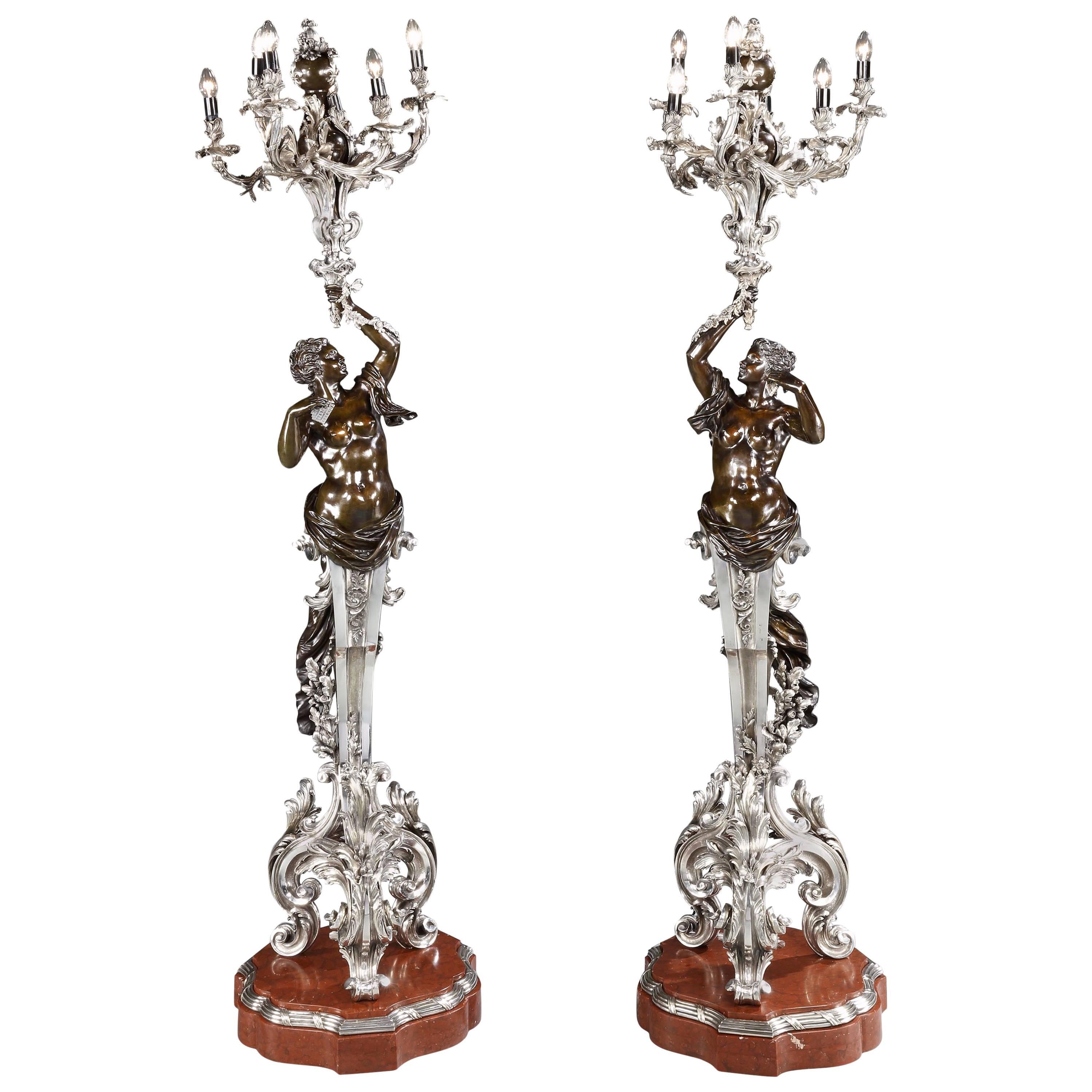 Pair of 19th Century French Patinated and Silvered Bronze Torchères Floor Lamps 