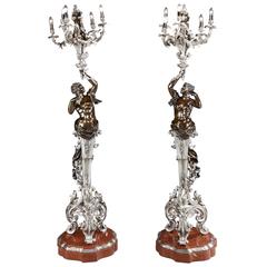 Pair of French Patinated and Silvered Bronze Torchères Floor Lamps 2