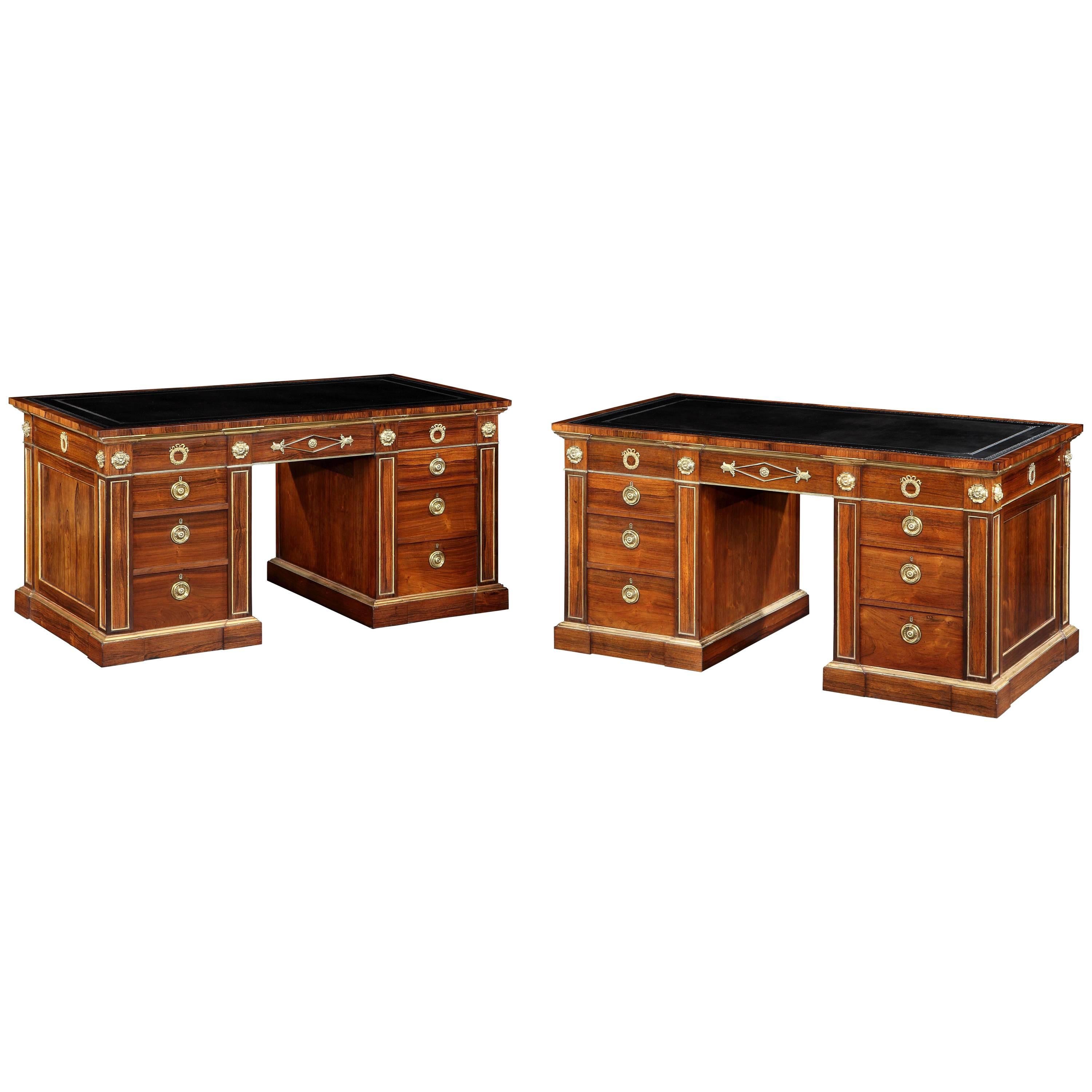 Pair of Gilt and Leather Pedestal Desks in the Regency Manner For Sale