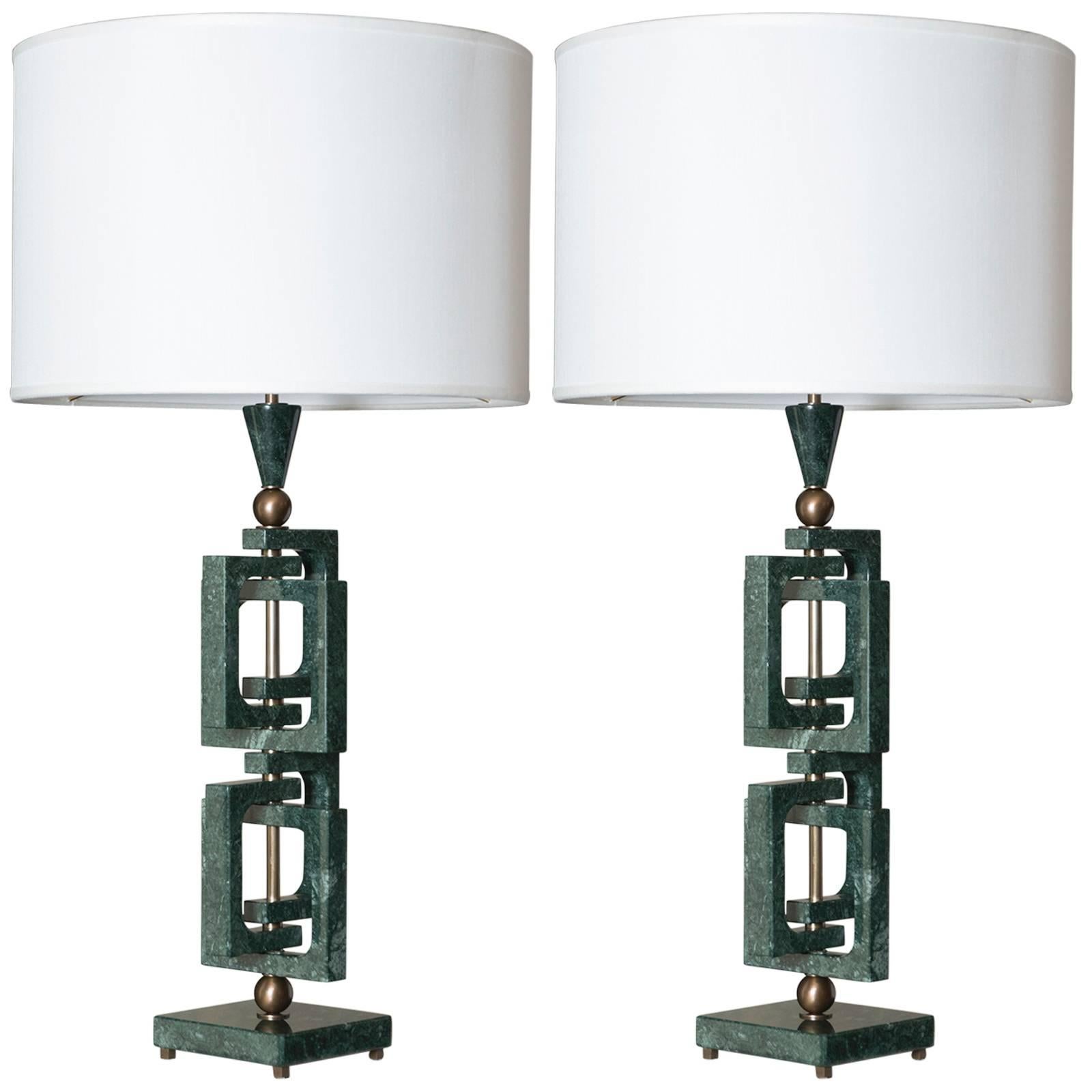 Flair Edition Green Guatemala Marble and Bronze Italian "Adhoc" Table Lamp"