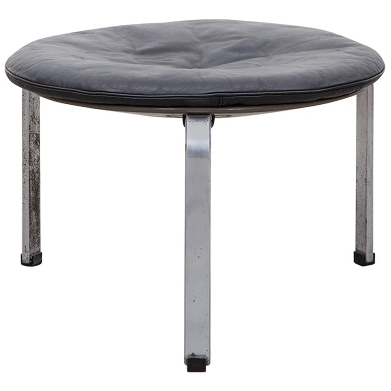 1950's black leather cushion, steel frame Stool by Poul Kjaerholm 'a' For Sale